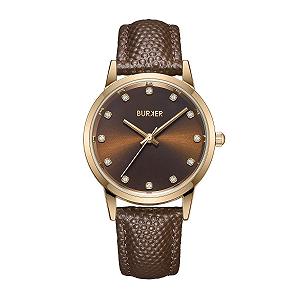 Женские часы BURKER Amy Круглые женские часы с цирконием, кожаный ремешок, нержавеющая сталь, аналоговый кварцевый, 3 ATM водонепроницаемые ">– 32 мм ">– Золотой коричневый / Коричневая кожа, Золотой коричневый - Коричневая кожа, Браслет - Фото 1