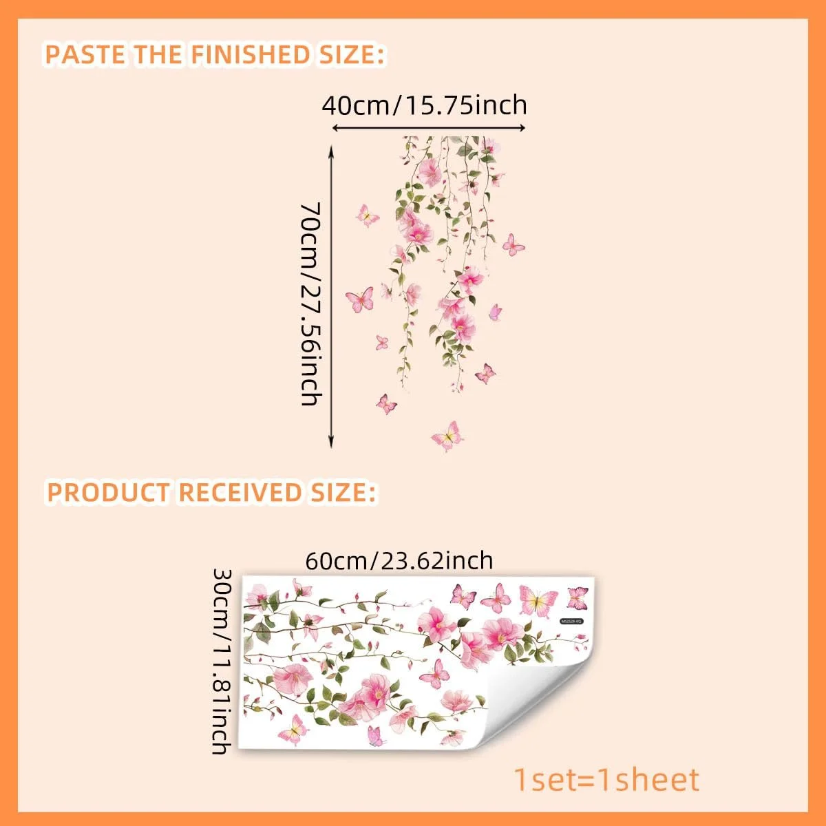 Наклейка на стіну Pink Flower Tendril Butterfly Водонепроникна Рожева, фото №4