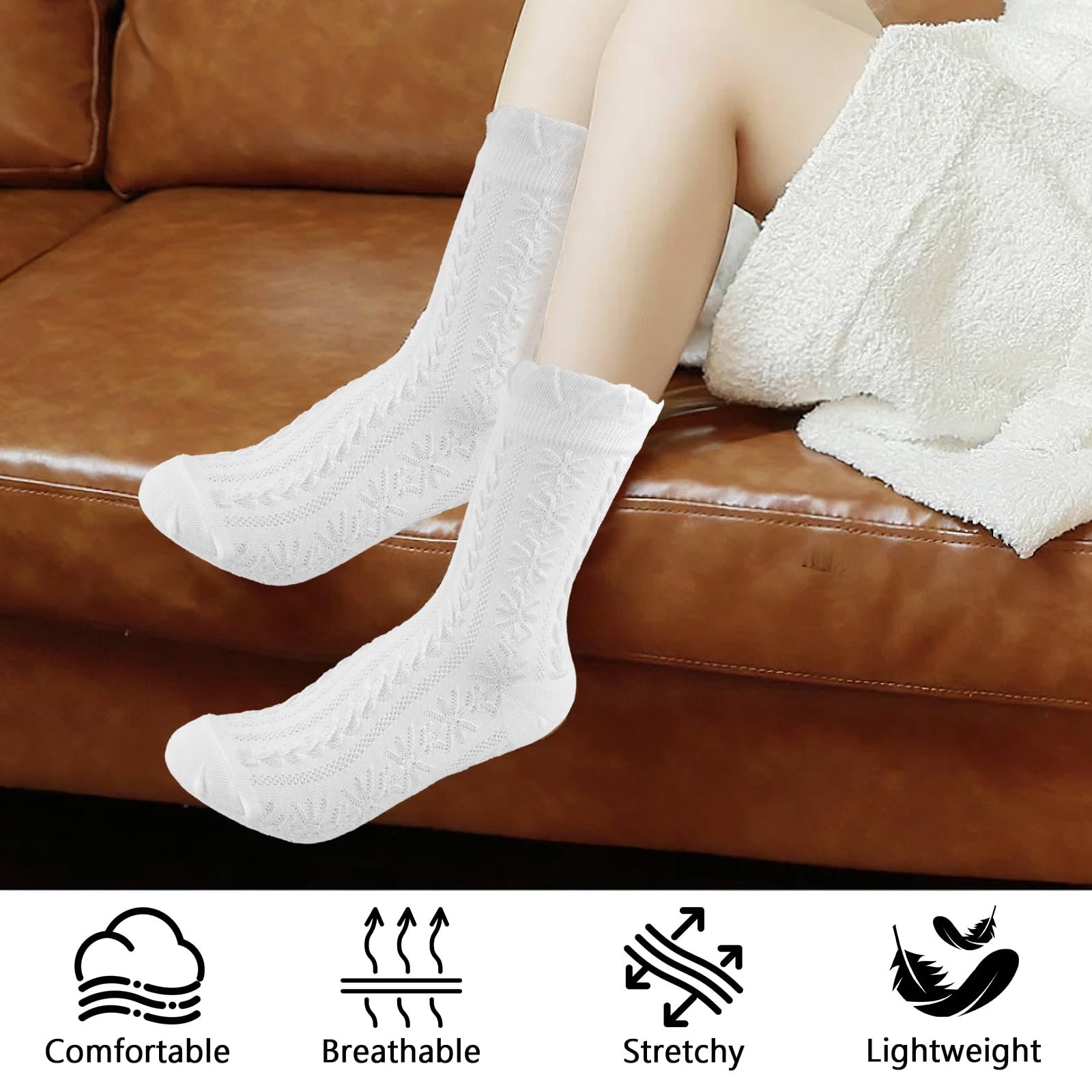 Набор носков с оборками, 6 пар Белые хлопковые носки с оборками для женщин, Удобные носки с оборками средней высоты, Мягкие дышащие трикотажные носки с ромбовидным и цветочным узором, фото №2