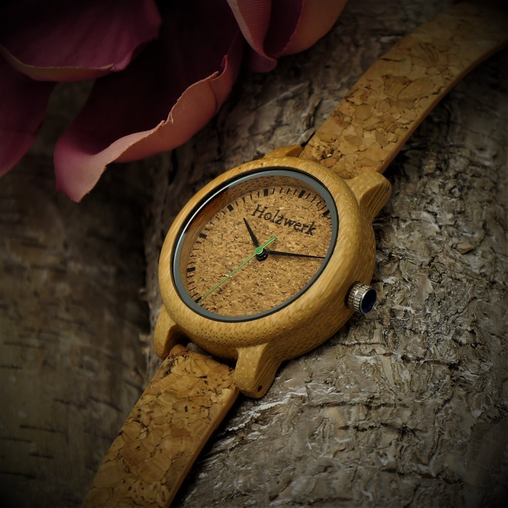 Годинник жіночий Holzwerk Germany Designer Eco Natural Vegan дерев'яний аналоговий кварцовий з корковим ремінцем та дерев'яним циферблатом, фото №3