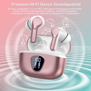 Наушники Bluetooth Вкладыши 5.3 ENC Шумоподавляющие Микрофоны HiFi Стерео Глубокий бас 40 часов Воспроизведение Светодиодный дисплей IP7 Сенсорное управление Розовое золото synthetic.ua - Фото 1