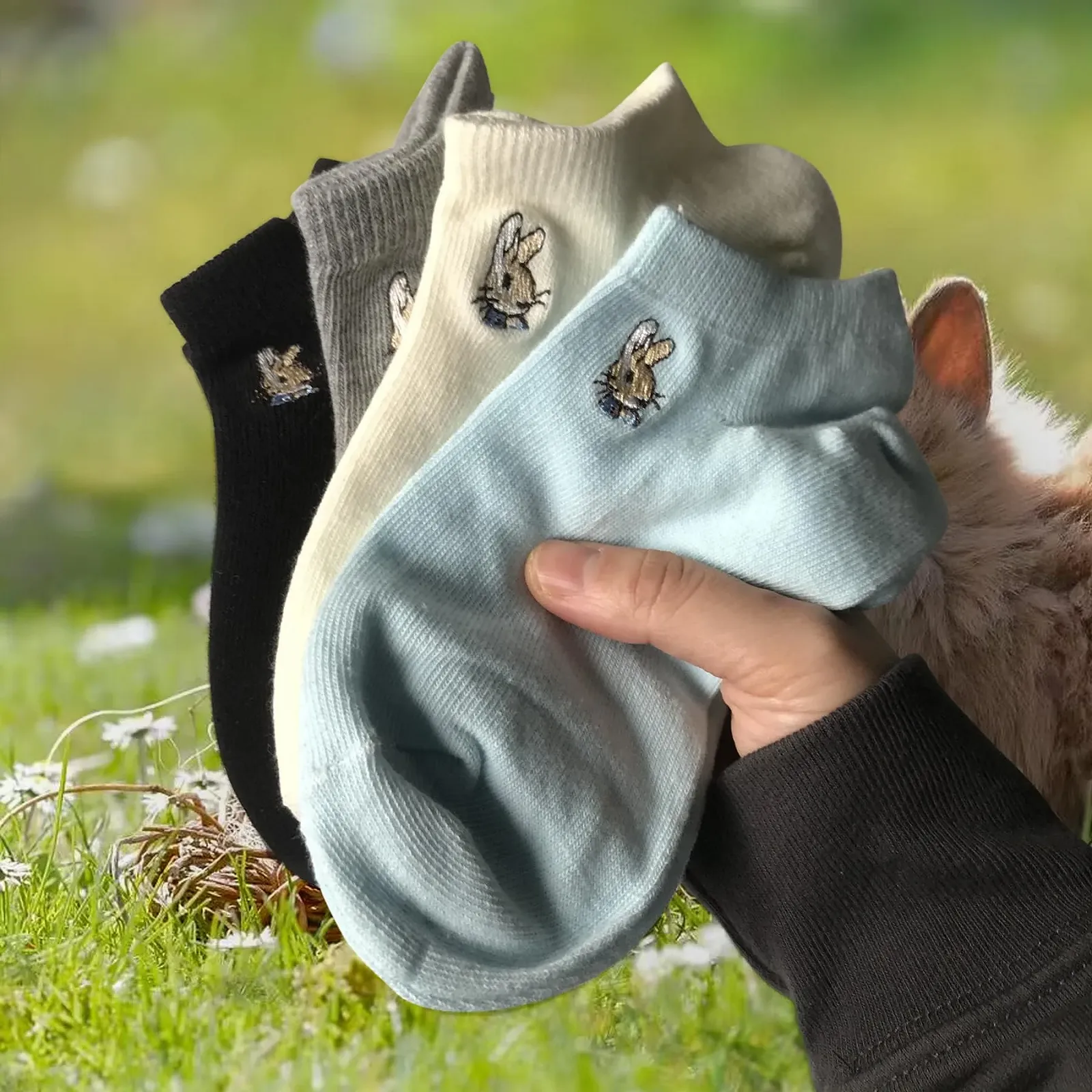 4 пари жіночих шкарпеток з вишивкою кролика, короткі бавовняні шкарпетки, фото №5