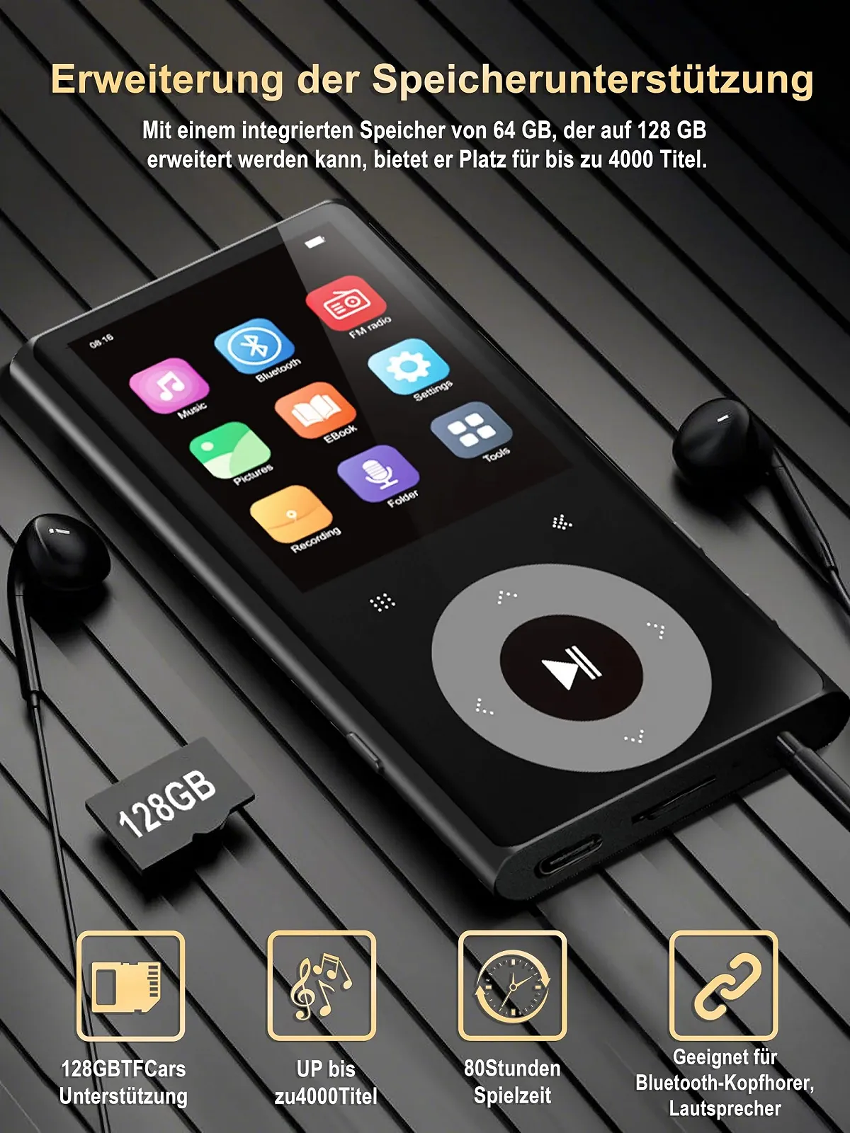 MP3-плеєр 64GB Bluetooth 5.3, 2.4 Дюйми Lossless Hi-Fi Sound, з Навушниками, Динаміком, Функцією Запису Голосу, FM-радіо, E-Book, підтримкою 128GB, для спорту та подорожей, фото №6