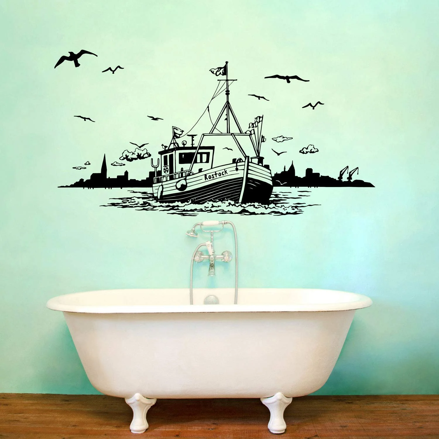 Наклейка на стіну M2164 Човен з горизонтом Ростока та чайками 47 x 100 см Темно-сірий, фото №2 Наклейка на стіну M2164 Човен з горизонтом Ростока та чайками 47 x 100 см Темно-сірий, фото №2