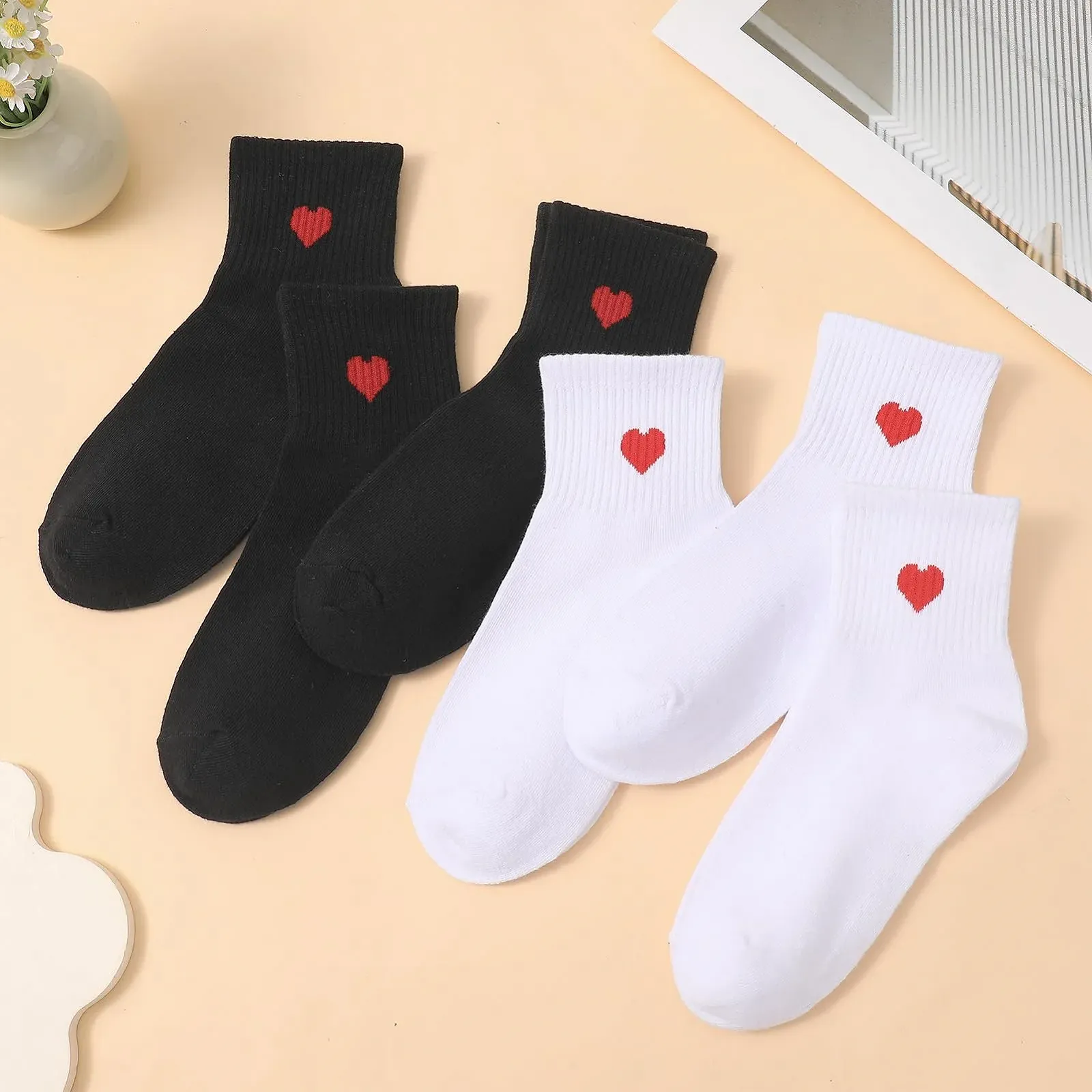 Женские носки с красным сердцем, теннисные носки с сердечками, размер 36-40, спортивные носки из хлопка, стильные носки, носки с рисунком, спортивные носки (6 пар), фото №7