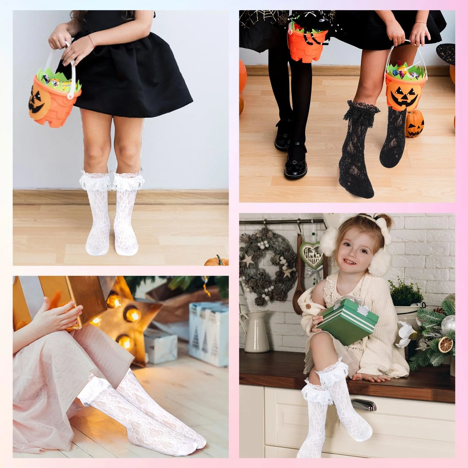 Женские носки с кружевом и рюшами Black + White, чёрный, белый, One size fits all, фото №5