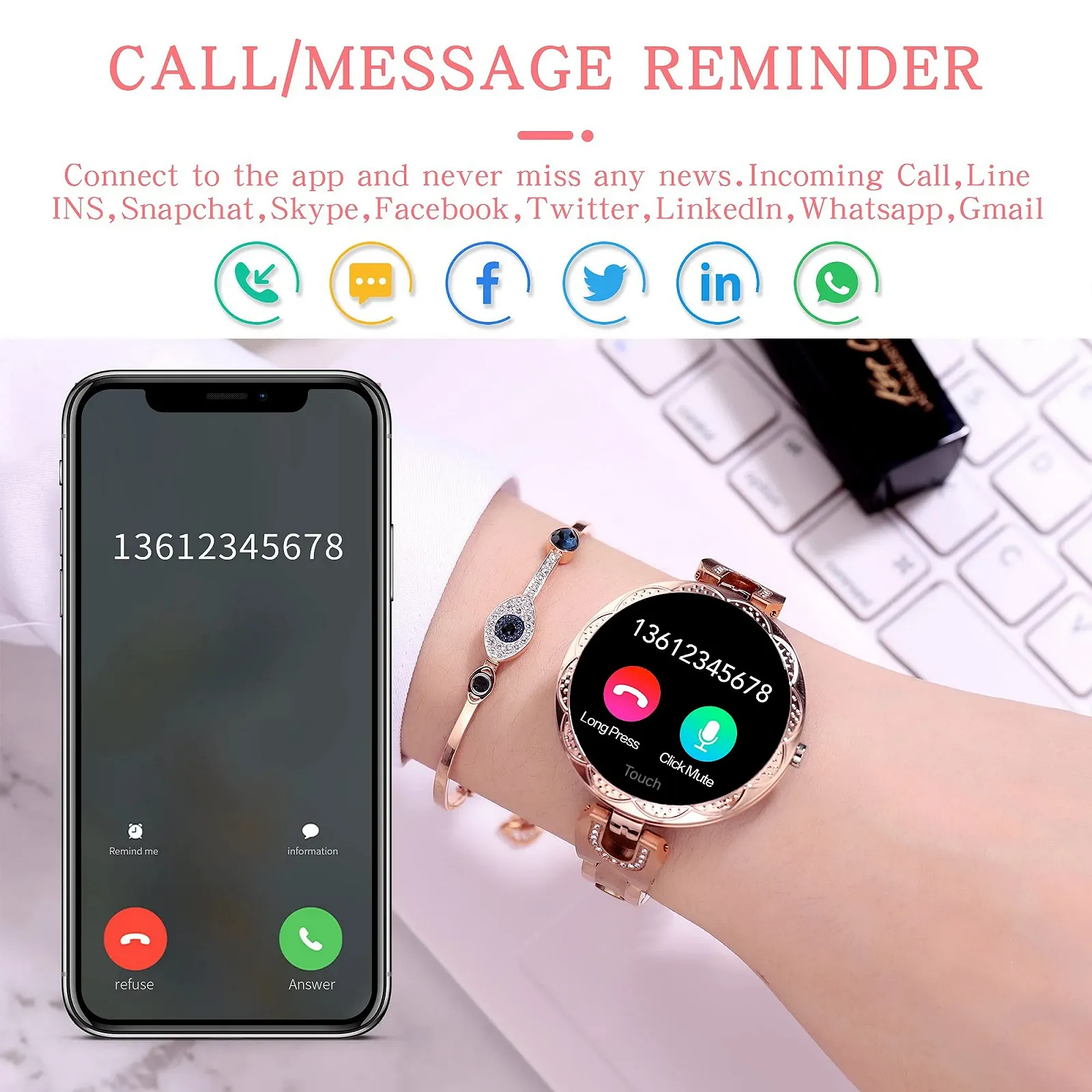 Смарт-годинник Findtime Жіночий Сталевий Водонепроникний Золотий, фото №7