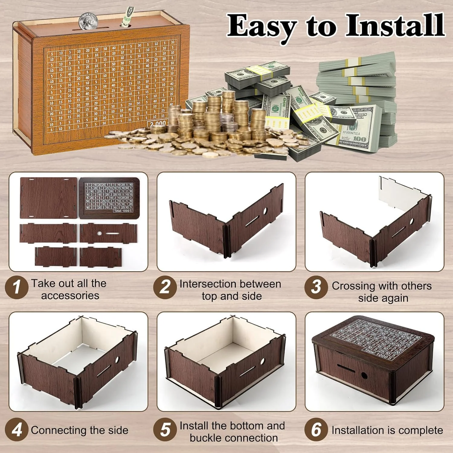 Скарбничка дерев'яна Wooden Money Box з числами та маркером Retro стиль, фото №5