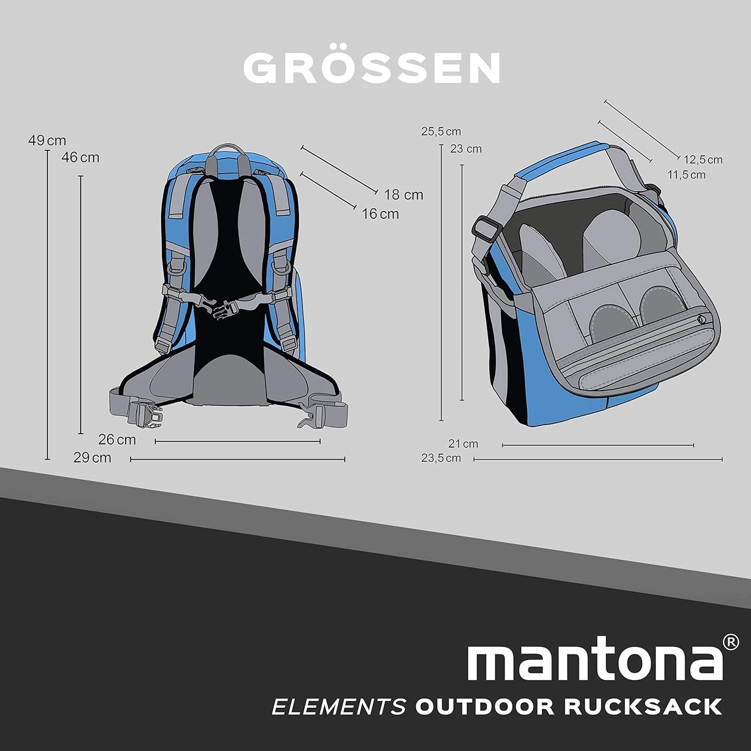 Рюкзак Mantona 20057 23 x 21 x 11,5 см Сірий-блакитний, фото №5 Рюкзак Mantona 20057 23 x 21 x 11,5 см Сірий-блакитний, фото №5