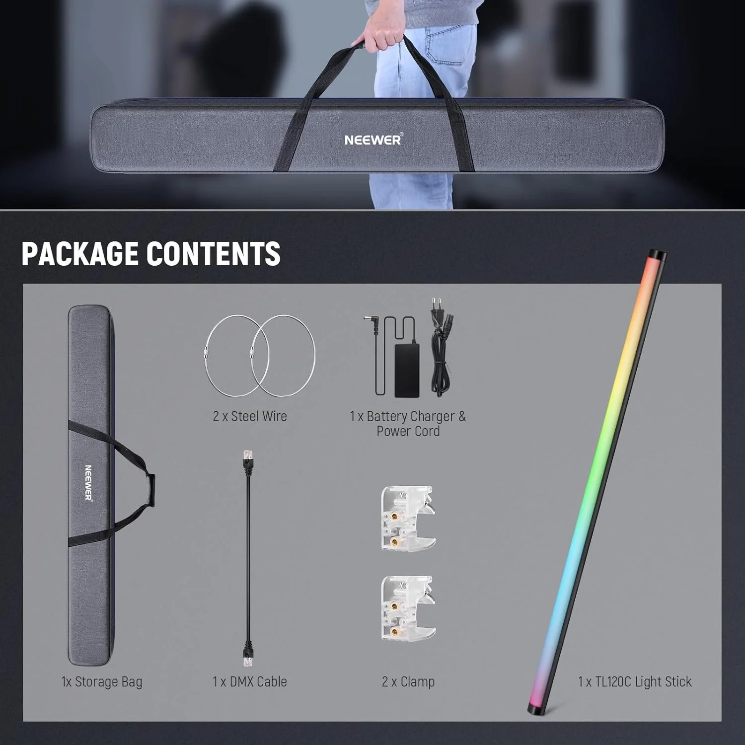 LED лампа-стік NEEWER TL120C RGB 42 Вт Чорний (2A42BD), фото №9