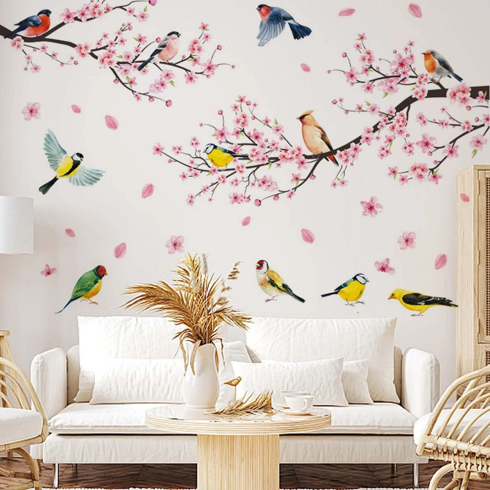 Набір настінних наклейок Cherry Blossom Flowers Blossoms Birds on Tree Branch 2 шт. 30 x 90 см Рожева, фото №5