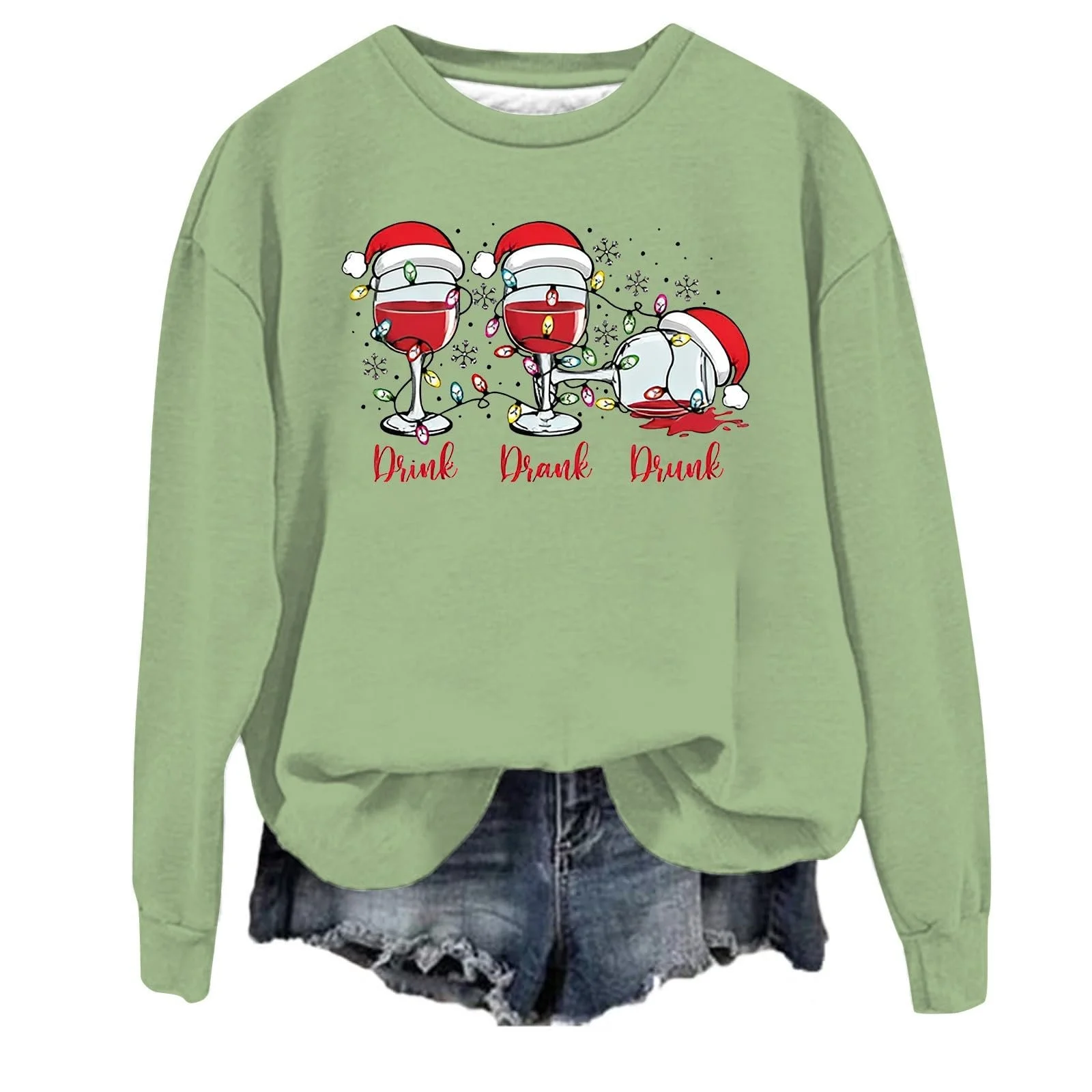Свитшот Comfort Colours Рождественский напиток Drank Drunk Красное вино Бокал Без капюшона Уличный стиль Круглый вырез Повседневный Модный Комфортная стирка Свитшот с круглым вырезом Смешные Женские Свитшоты Блузка, фото №1