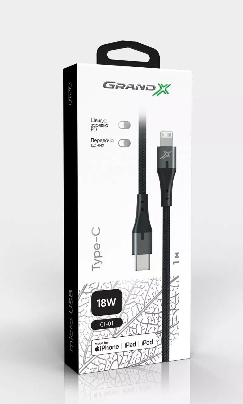 Кабель Grand-X USB Type-C Lightning MFI Power Delivery 18W 1м Gray (CL-01), фото №5
