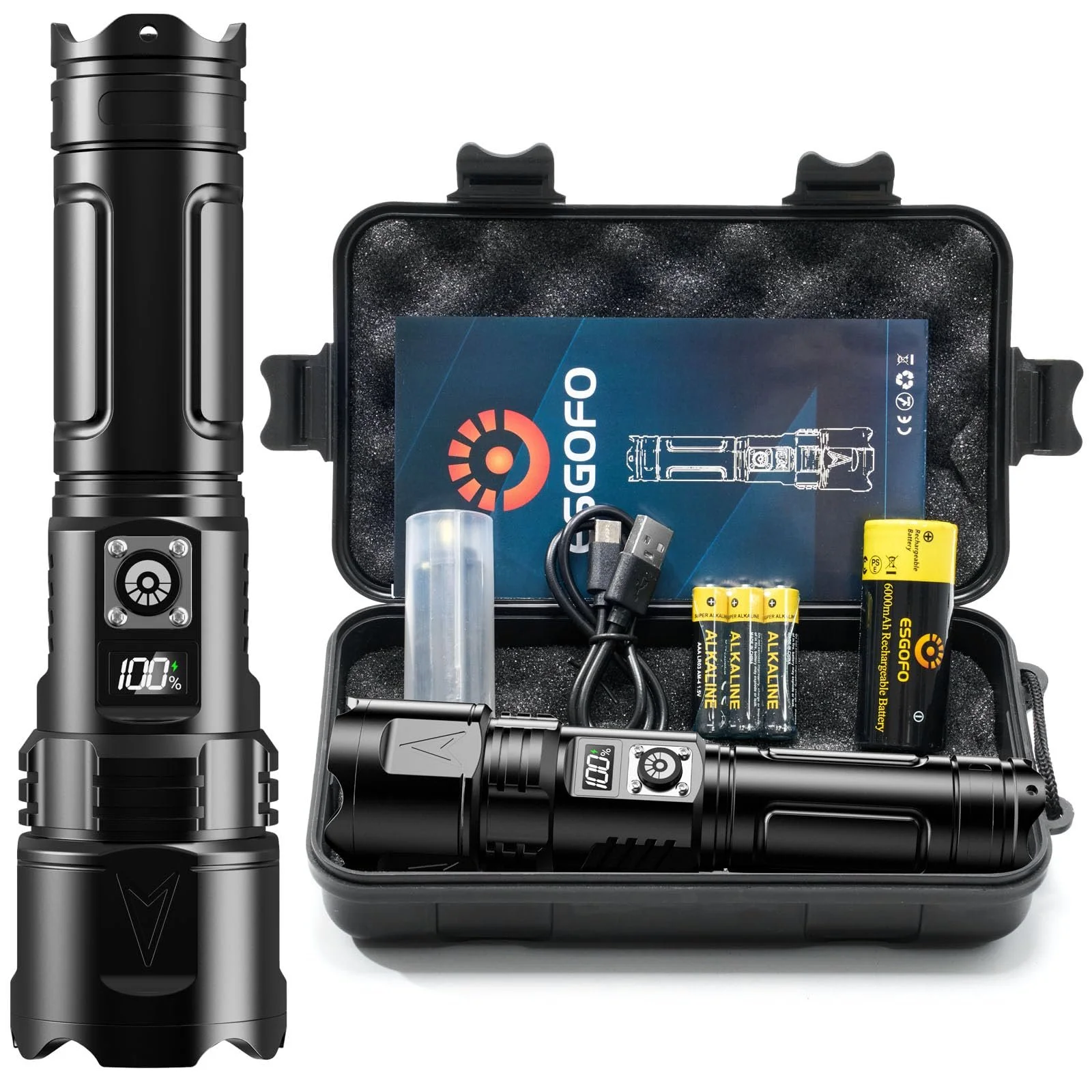 LED Ліхтар Esgofo Надзвичайно Яскравий 1000000 Люмен USB C Перезаряджається, Далекобійний Яскравий Багатофункціональний Тактичний Чорний, фото №1