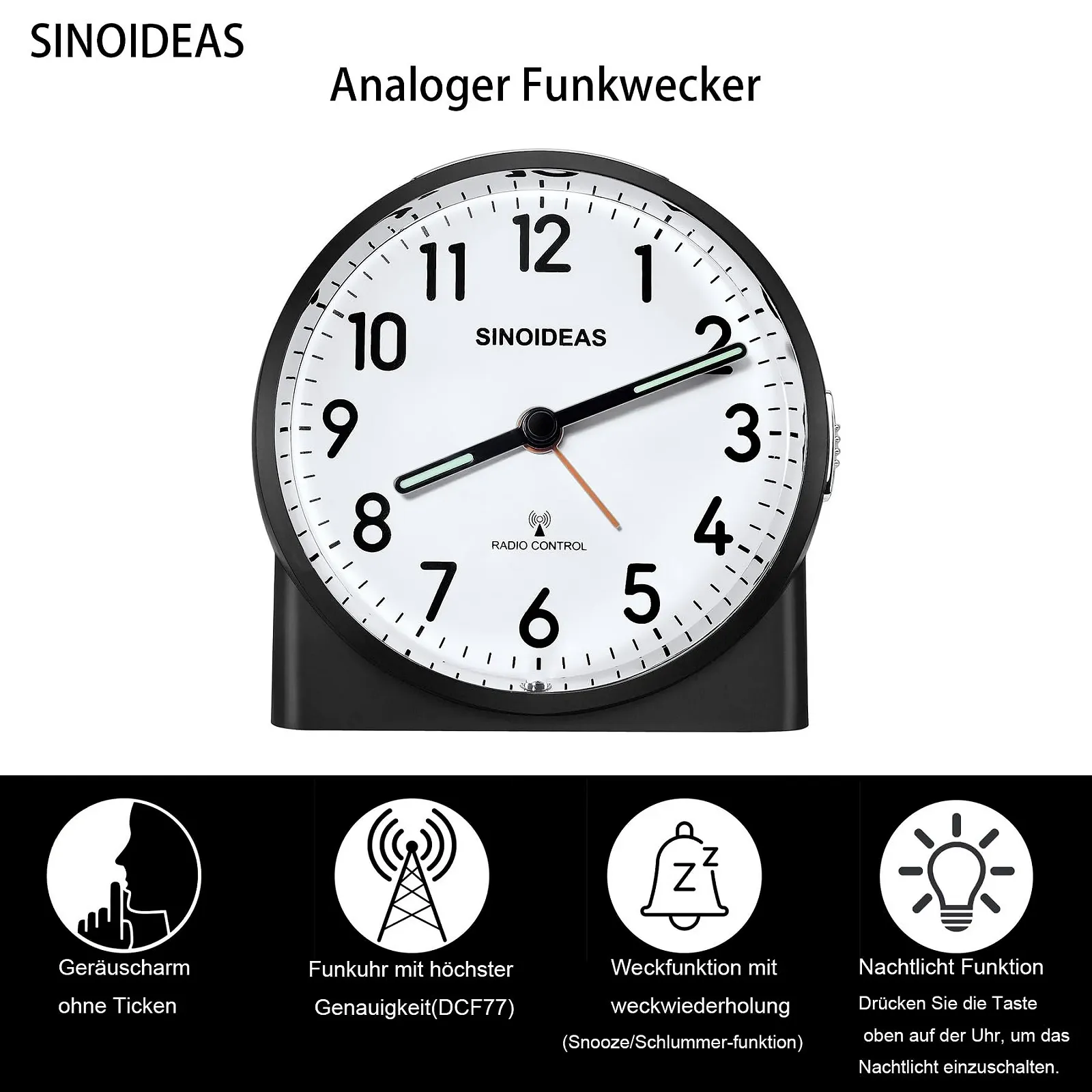 Радиоуправляемый будильник SINOIDEAS Аналоговый с Ночной Подсветкой и Функцией Повтора Сигнала Черный, фото №3 Радиоуправляемый будильник SINOIDEAS Аналоговый с Ночной Подсветкой и Функцией Повтора Сигнала Черный, фото №3