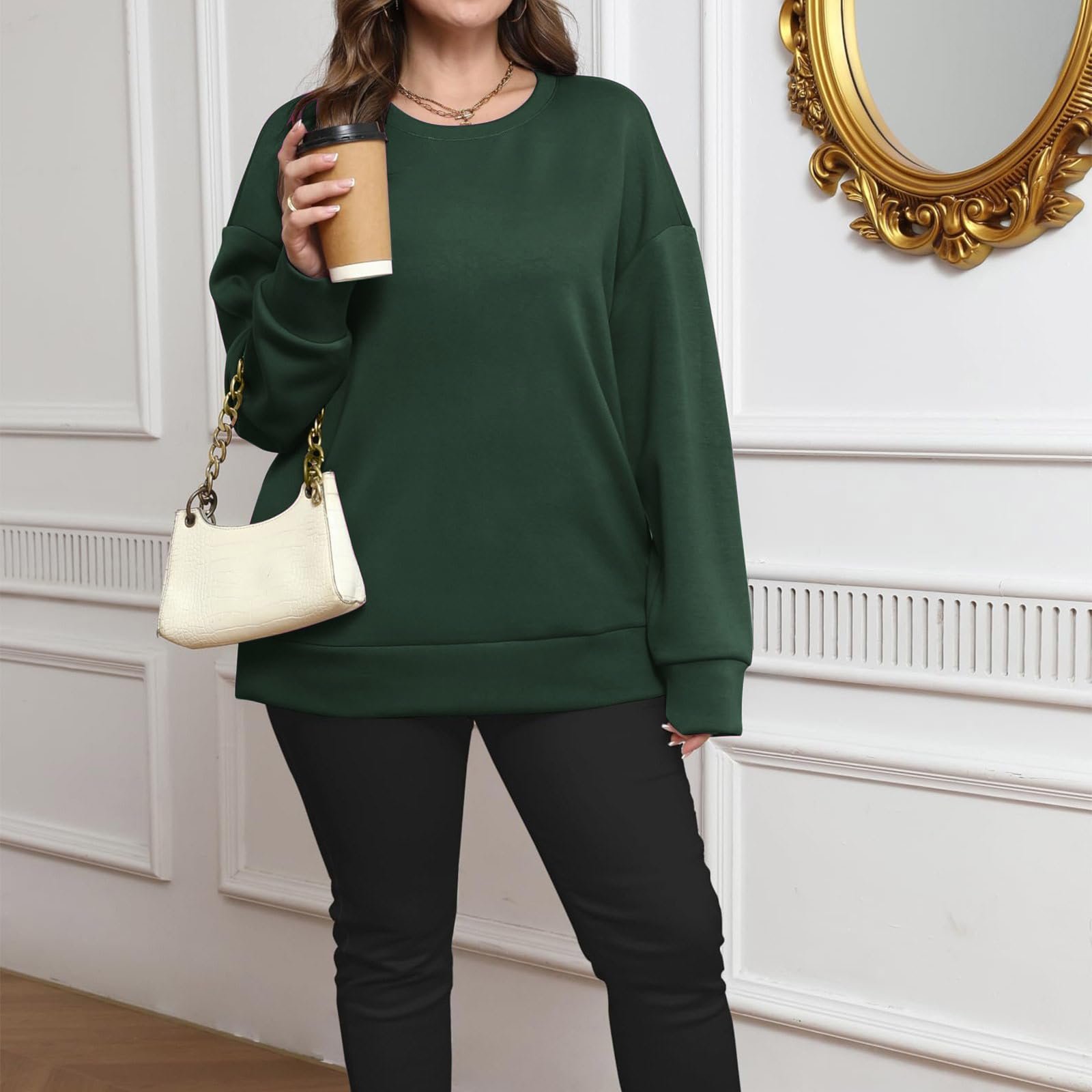 Женская Толстовка с круглым вырезом, длинными рукавами, однотонная, большого размера, классическая осенне-зимняя, свободная, элегантная блузка для спорта, тренажерного зала, повседневного стиля, фото №6