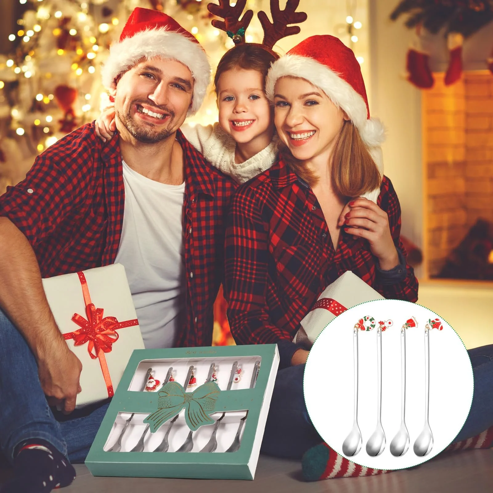 Ложка Кавова HOWAF Різдвяна Набір 6 штук з нержавіючої сталі з різдвяним кулоном Срібна, фото №6