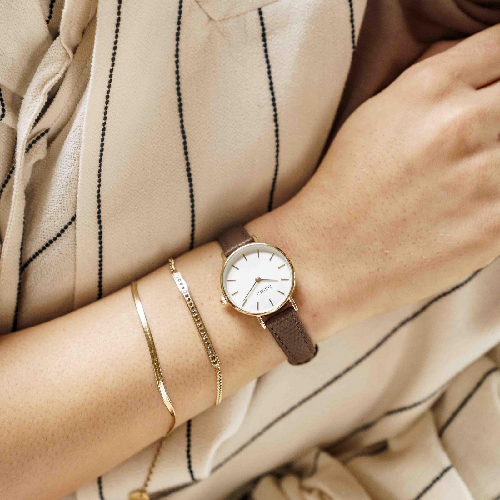 Женские часы BURKER Ruby Petite, круглые женские часы, классические аналоговые, водонепроницаемые 3 ATM, кожаный ремешок, золото-коричневый, 28 мм, золото-коричневый - кожа, браслет, фото №6