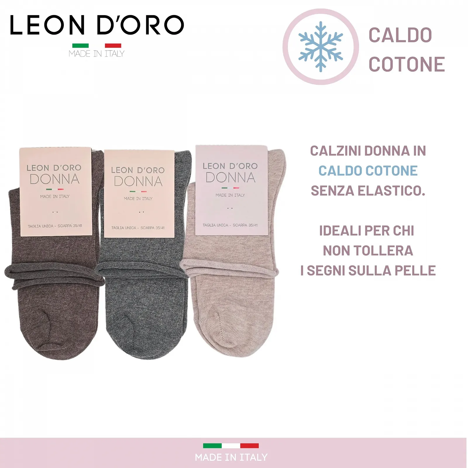 Женские носки LEON D'ORO Без резинки Теплые Хлопковые 3/6 пары Короткие носки Модные Сделано в Италии, фото №3