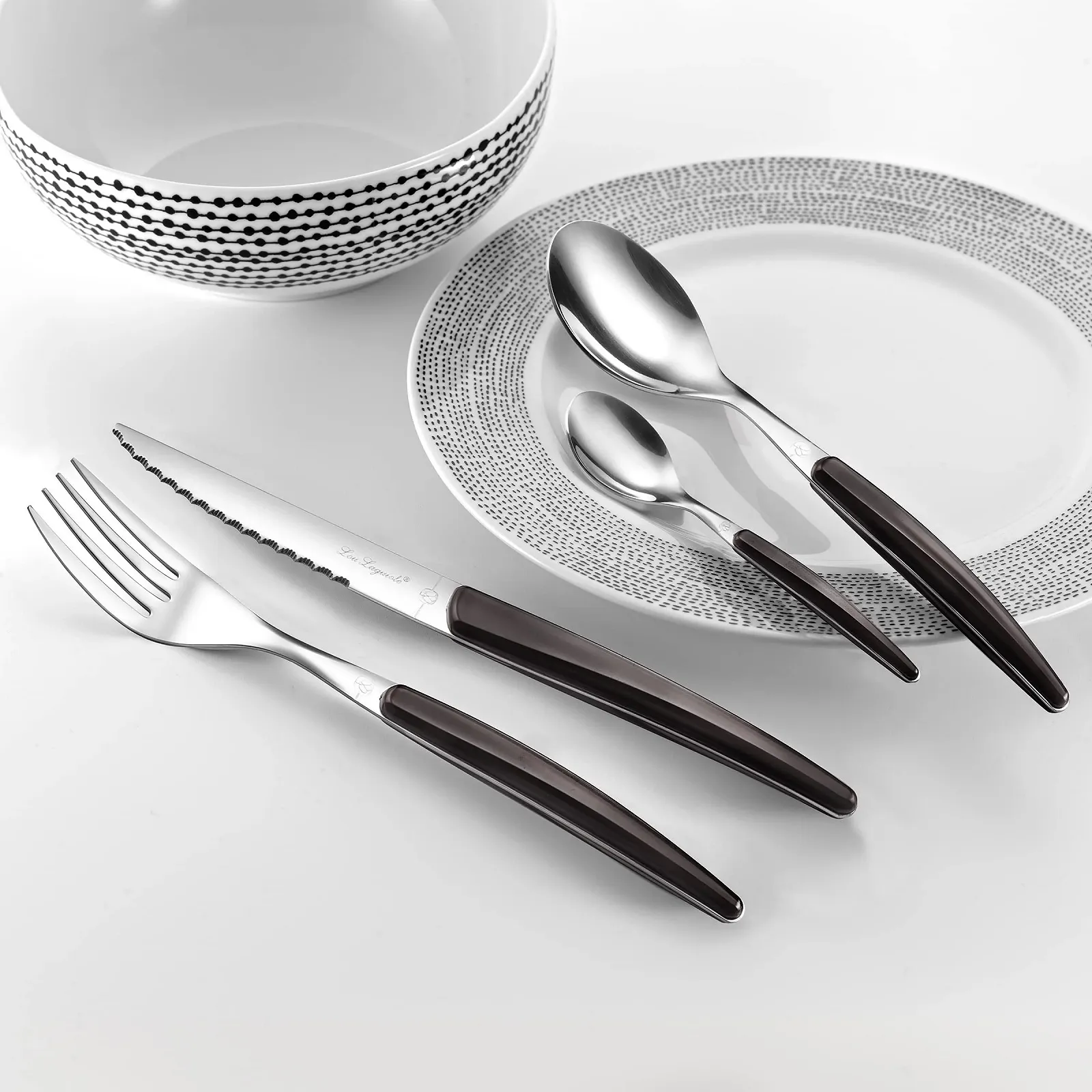 Набір столових приборів Lou Laguiole Montana для 6 осіб, нержавіюча сталь 18/0 з кристалізованою декоративною ручкою, чорний, 24 предмети, фото №4