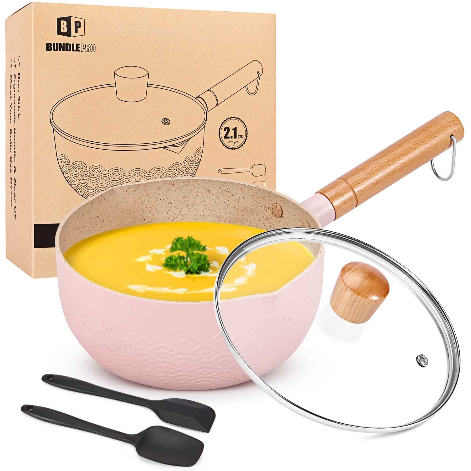 Каструля Bundlepro Non Stick 2.1L Алюмінієвий Силіконовий шпатель Рожевий, фото №1