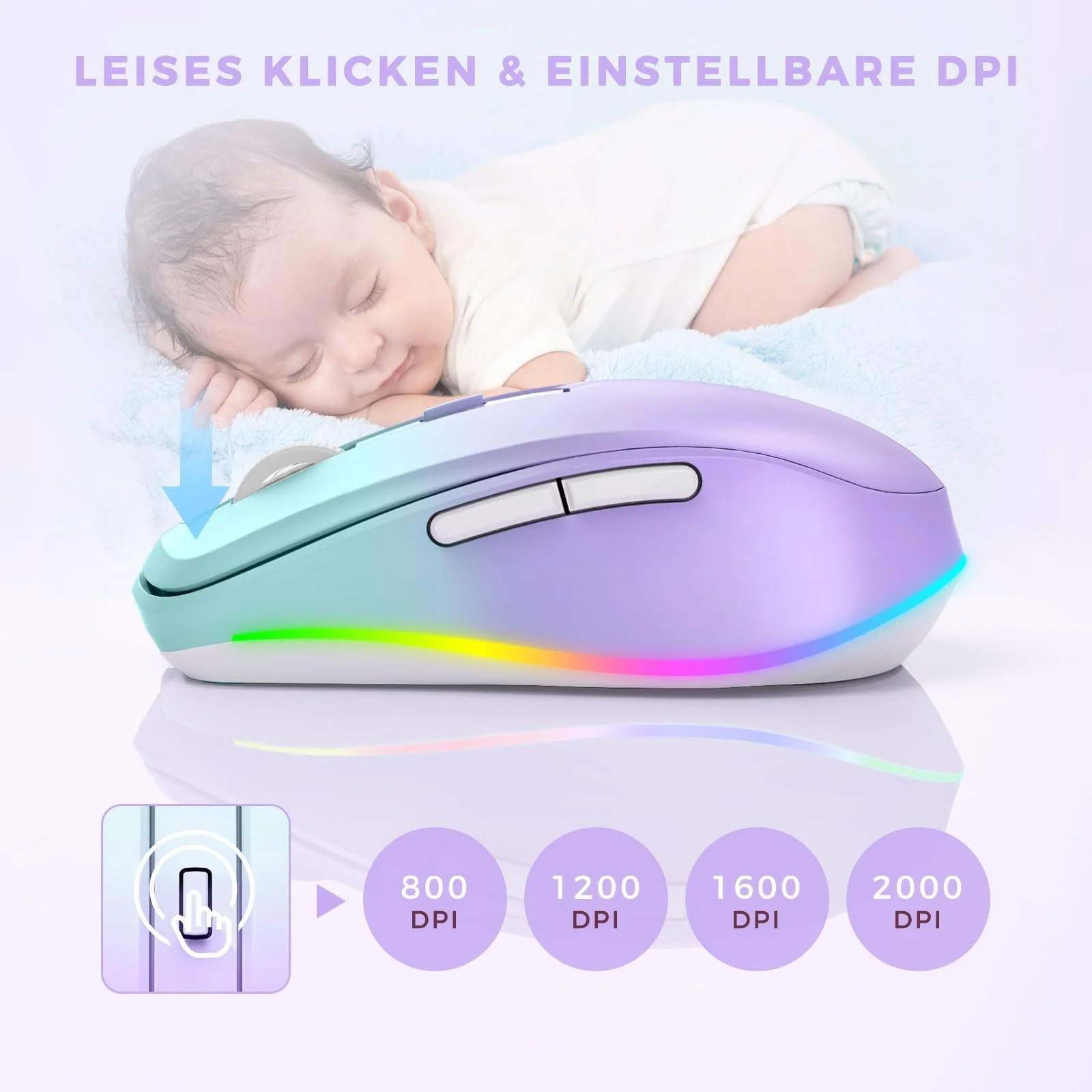 Мышь беспроводная Seenda с LED подсветкой, перезаряжаемая с Jiggler, тихая 2.4G USB, DPI 2000, светло-зеленый и фиолетовый, фото №4