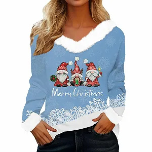 Рождественский свитер Женский Смешная кофта с V-образным вырезом Пушистая Рождественская блузка с принтом винного бокала Повседневная рубашка с длинным рукавом Уродливый рождественский свитер Рождественский свитшот Рождественский топ - Фото 1