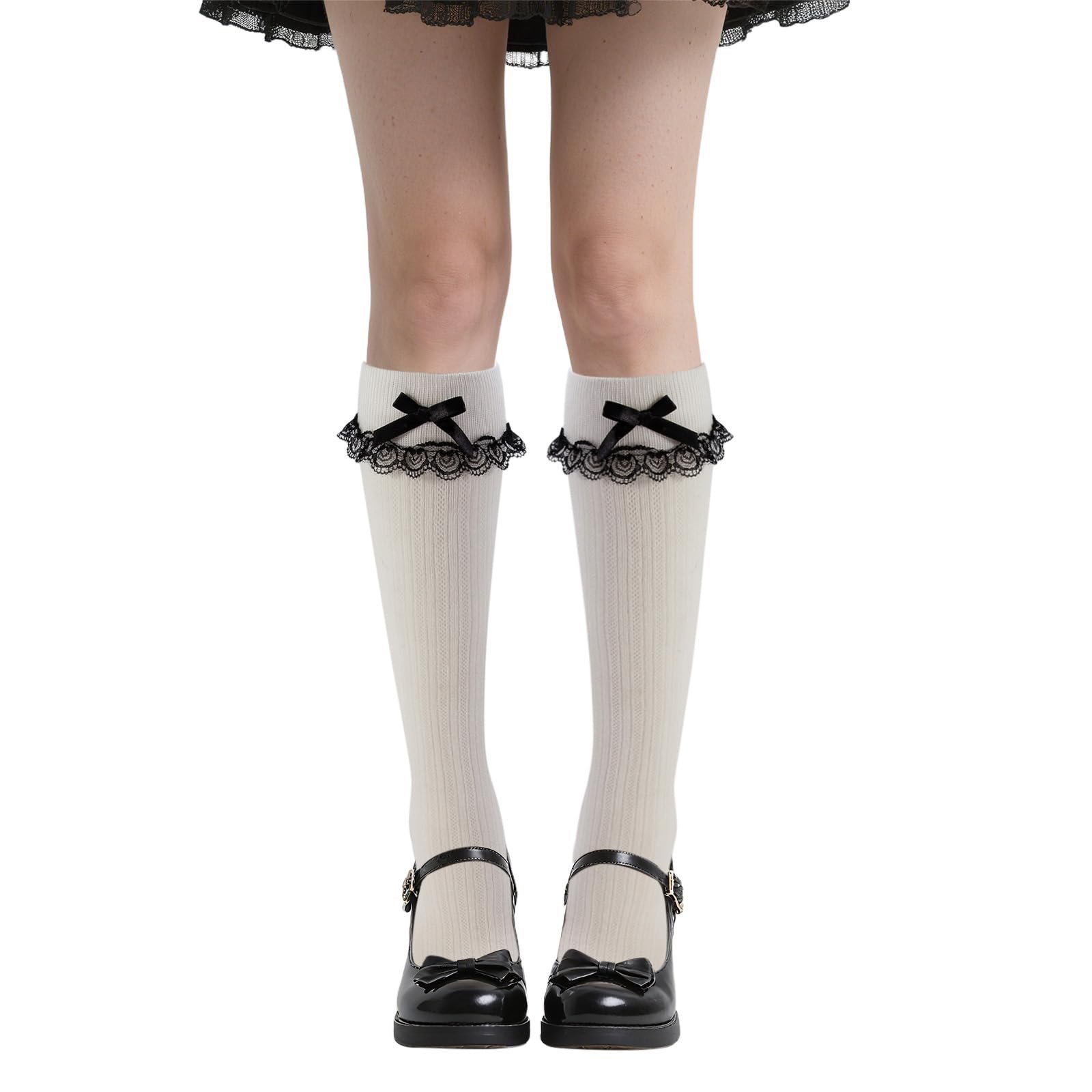 Женские носки Oktoberfest с оборками и вязаным крючком - традиционные носки до колен для дирндля - белые носки из хлопковой смеси с бантом, фото №1