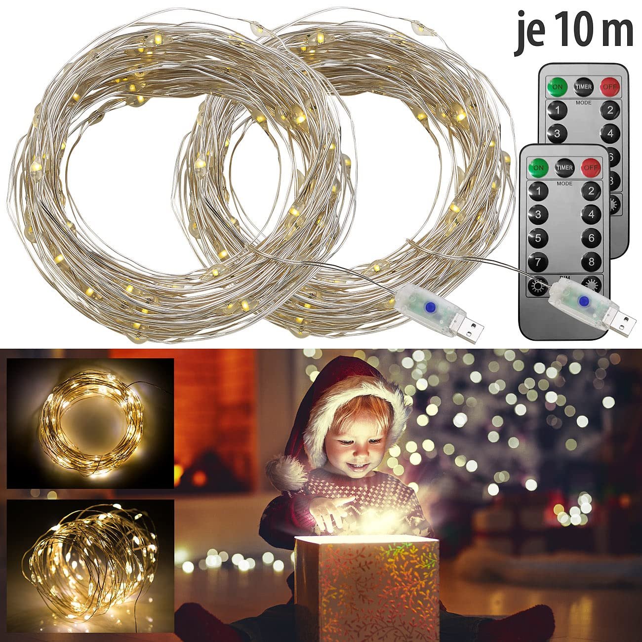 Гірлянда Lunartec USB, 100 світлодіодів, 8 режимів, 10 м, теплий білий, набір 2 шт., фото №2