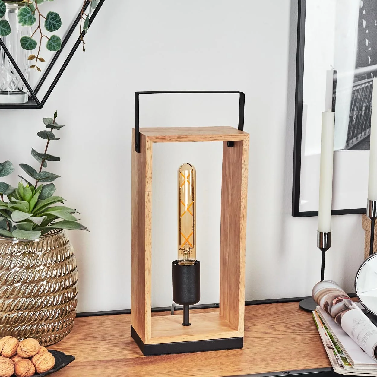 Настільна лампа HOFSTEIN Kabimoi метал/дерево E27 40 Вт Чорна/Натуральне дерево, фото №8