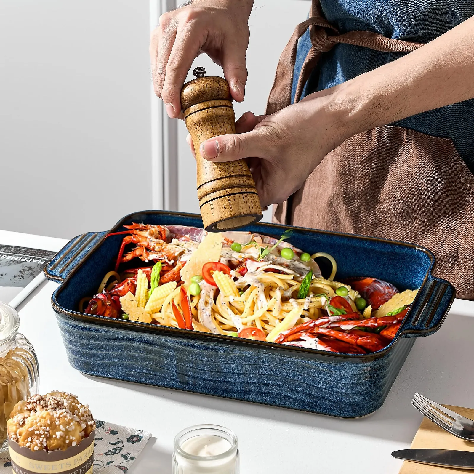 Керамическая форма для запекания Poecer 2000 мл квадратная фарфоровая с ручками Blue, фото №5