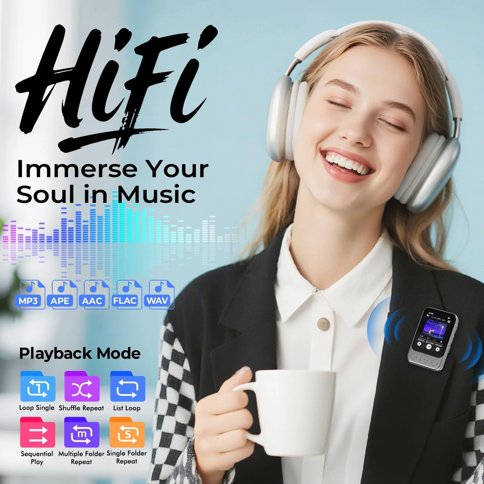 MP3-плеер 64GB Bluetooth 5.3 с клипсой и динамиком, спортивный музыкальный плеер с сенсорным экраном и кнопками, независимая регулировка громкости, FM-радио, запись голоса, расширение до 128GB, фото №5