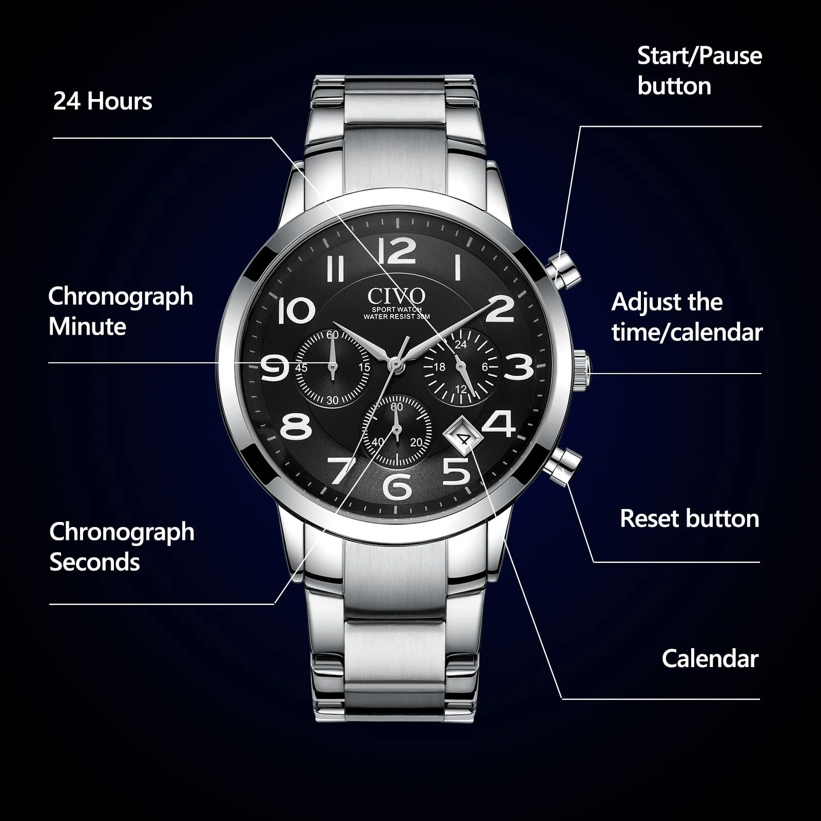 Цифровий спортивний військовий годинник CIVO для чоловіків, великі цифри, водонепроникний до 50 м, фото №4
