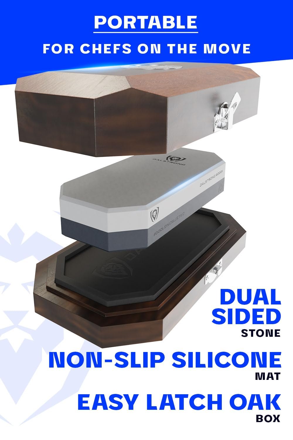 Набір точильних каменів DALSTRONG портативний у дубовому коробі #1000/#6000 grit корунд, фото №3 Набір точильних каменів DALSTRONG портативний у дубовому коробі #1000/#6000 grit корунд, фото №3