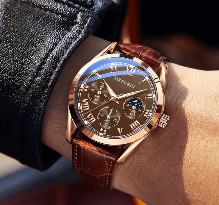 Часы JOATVEE Мужской Хронограф Аналоговые Кварцевые Лунная фаза Кожаный ремешок Водостойкий Деловой Мужской, фото №3