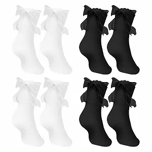 4 пари чорно-білих шкарпеток з рюшами та мереживом для жінок - Фото 1