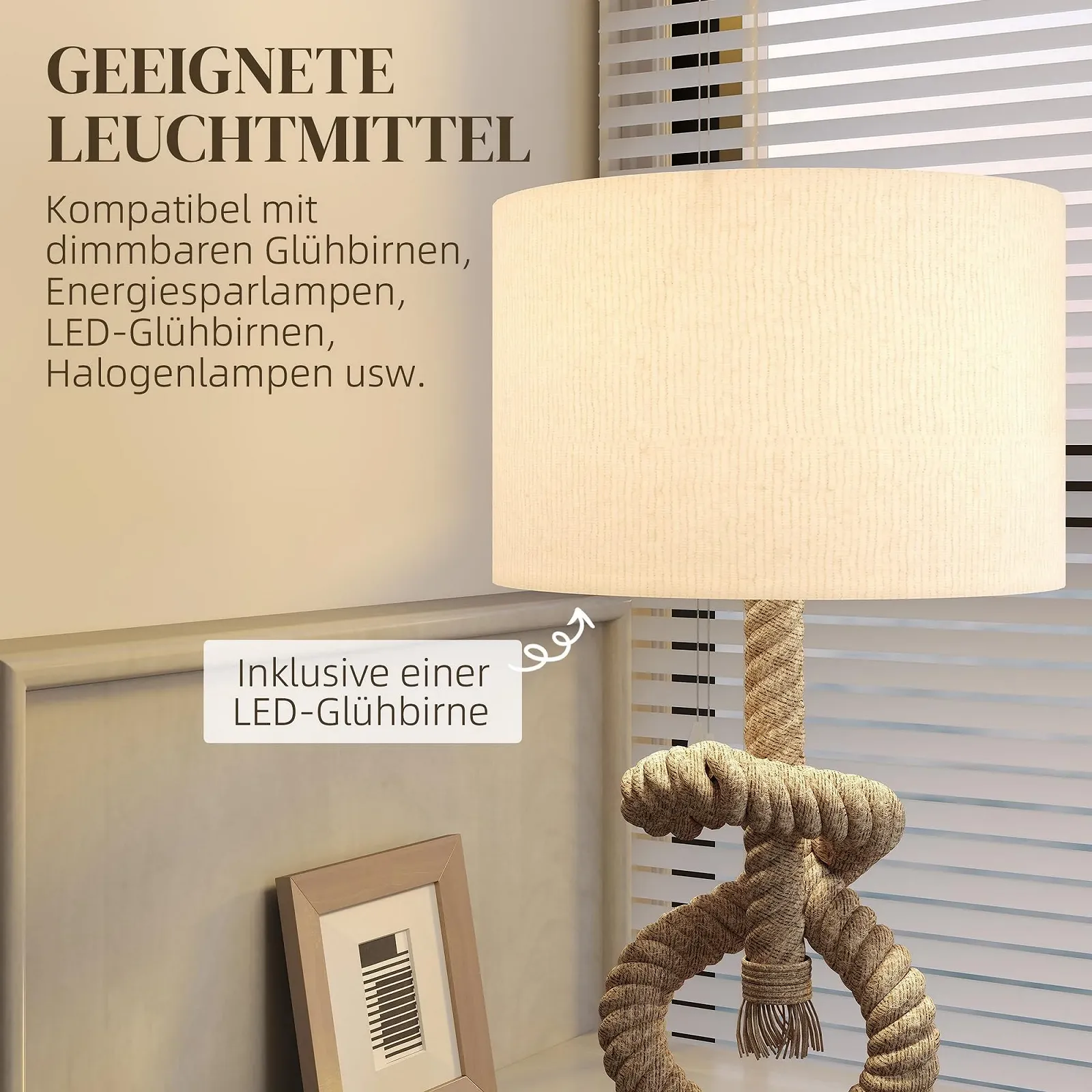 Настільна лампа HOMCOM LED USB E27 Тканинний абажур Кремовий білий, фото №6