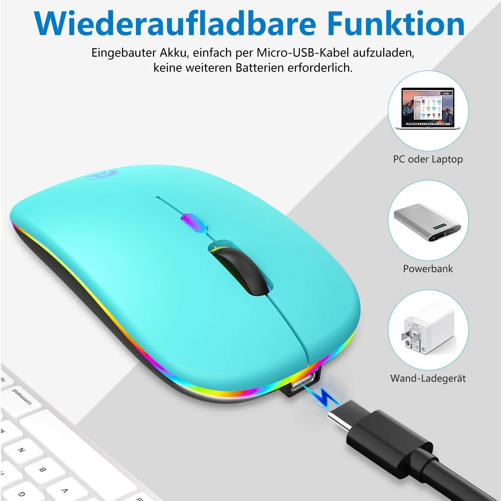 Мышь Беспроводная USB 2.4 GHz Bluetooth 1600 DPI Оптическое Отслеживание Лазурное Озеро, фото №2