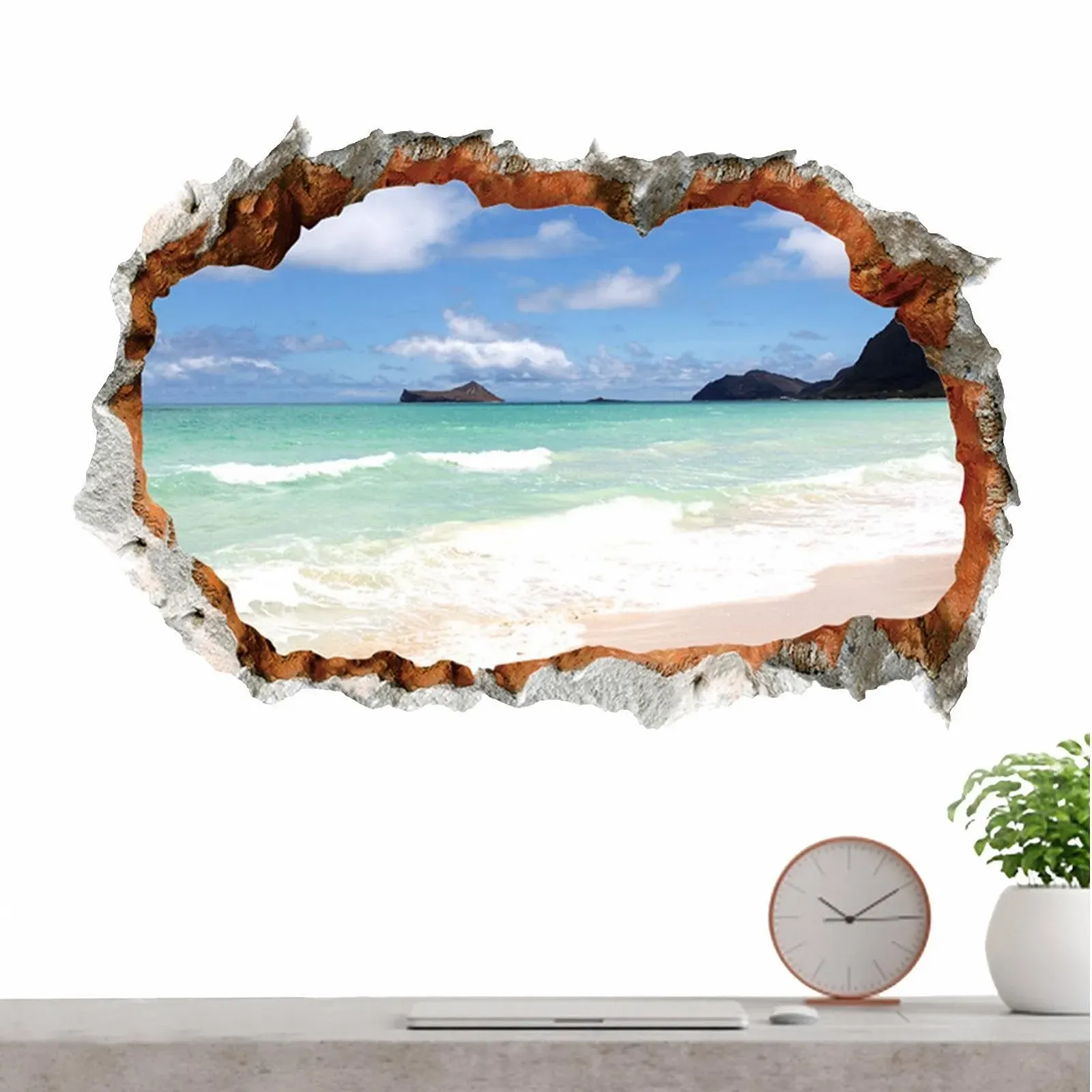 Наклейка на стіну Пляжна сцена 3D ефект розбитої стіни для спальні, фото №8