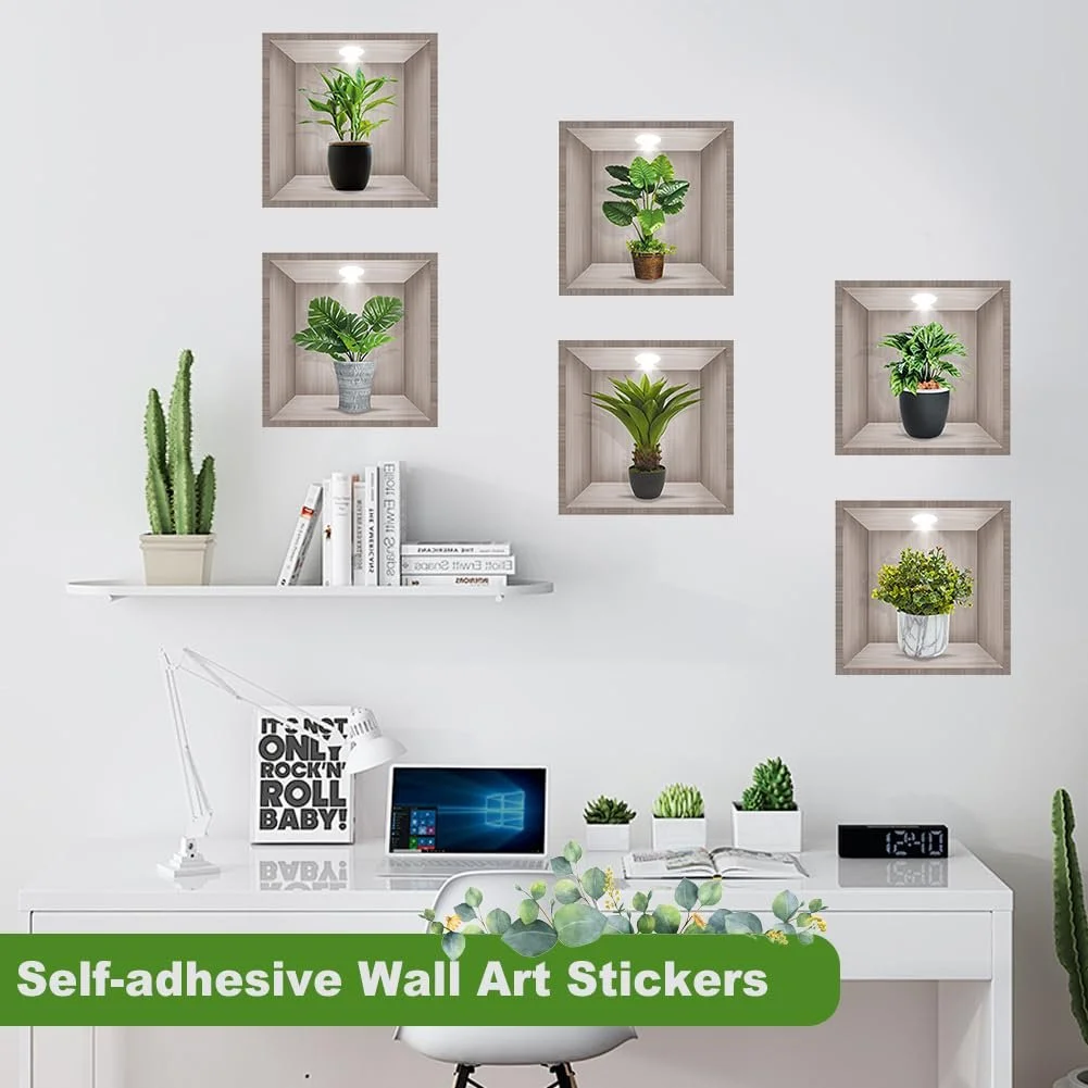 Наклейки на стіну 3D Рослини у горщиках 6 штук Зелений, фото №3