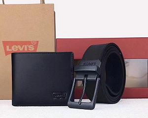Чоловічий подарунковий набір шкірний кишені і пояс з натуральної шкіри чорний Левіс - Фото 1