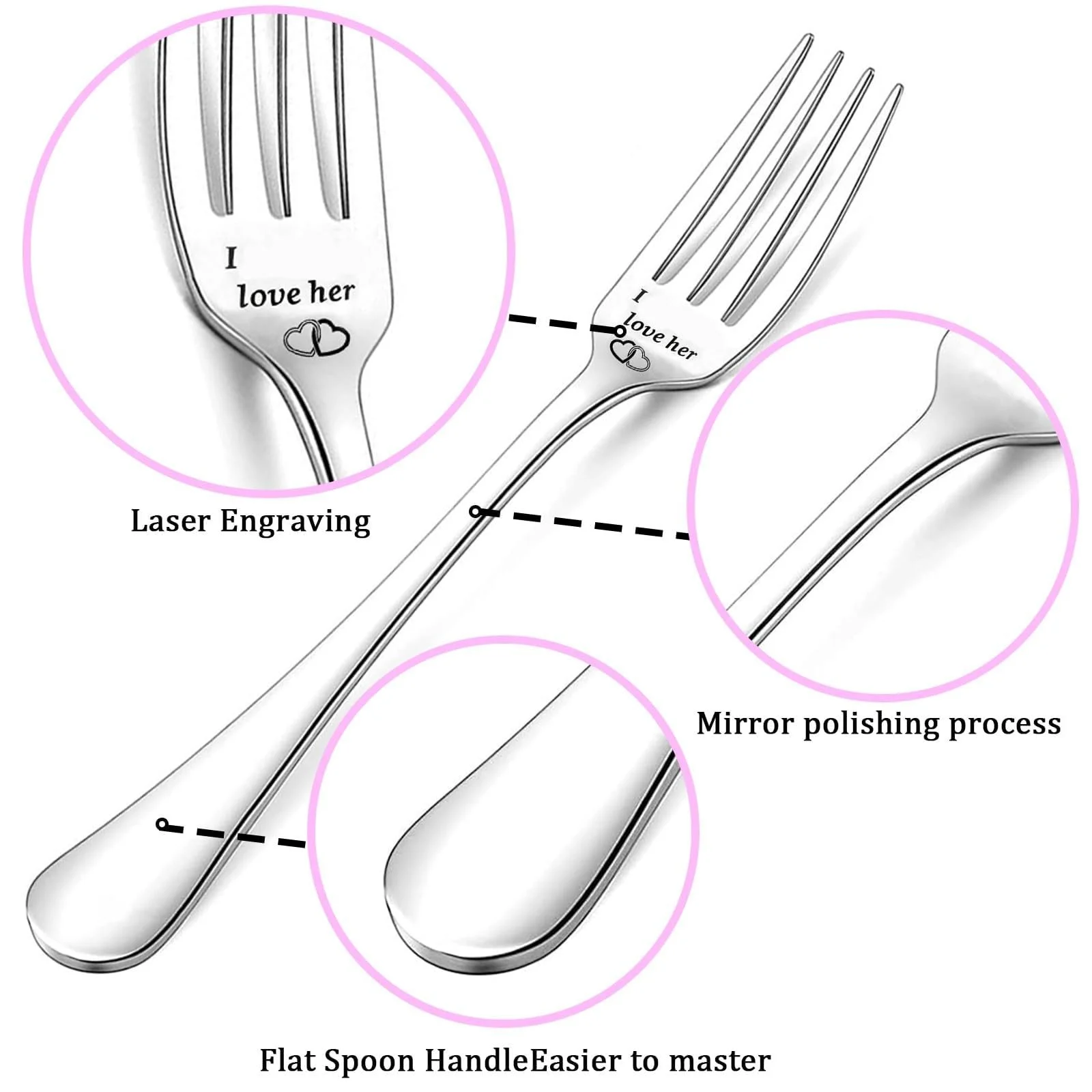 Набор из 6 кофейных ложек ко Дню святого Валентина и гравированной вилки, фото №5