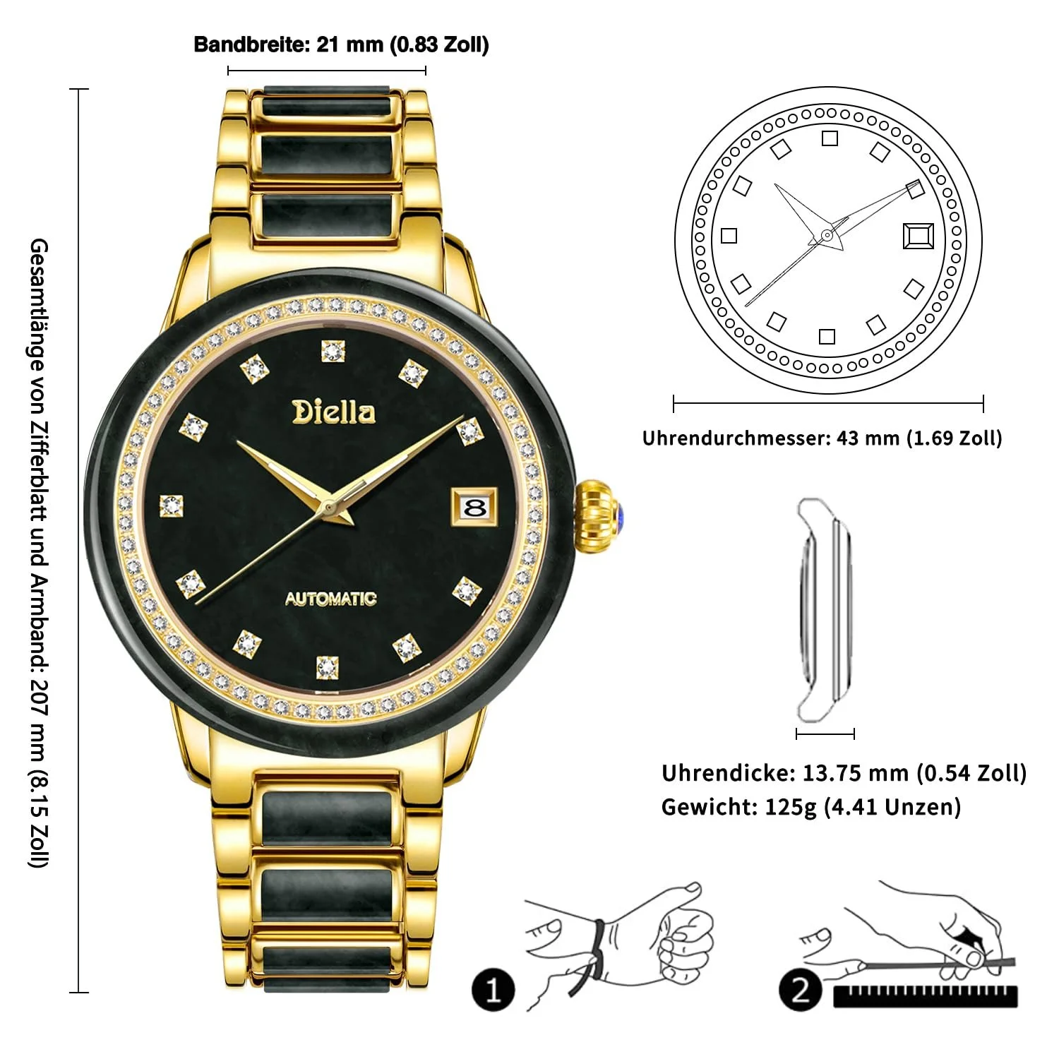 Автоматические мужские часы Diella, роскошные черные нефритовые и золотые, механические часы с люминесцентной, самозаводящиеся, водонепроницаемые, фото №5 Автоматические мужские часы Diella, роскошные черные нефритовые и золотые, механические часы с люминесцентной, самозаводящиеся, водонепроницаемые, фото №5