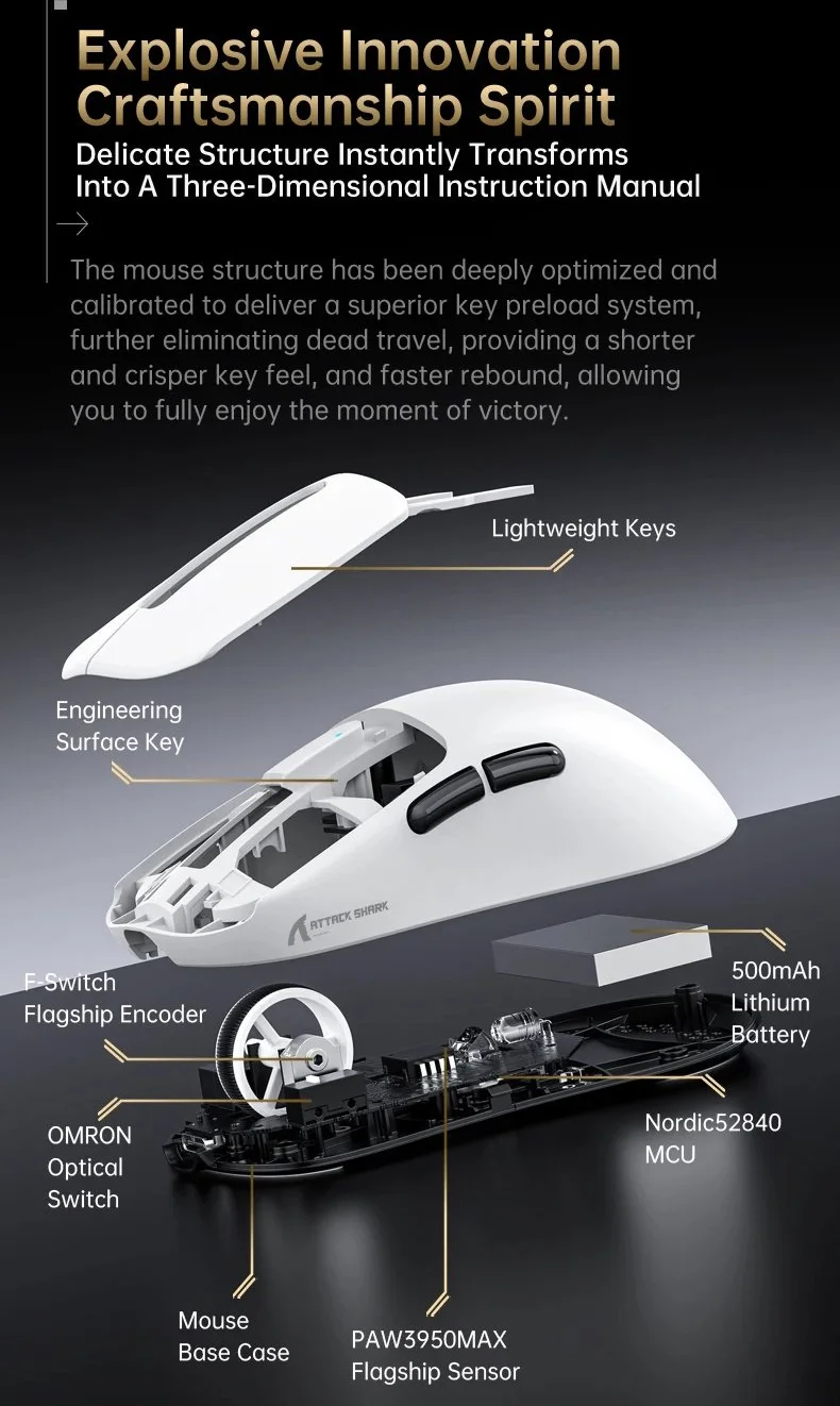 Игровая мышка Attack Shark V5 White PAW3950MAX 42K DPI 8000Гц 750IPS 50G, фото №7