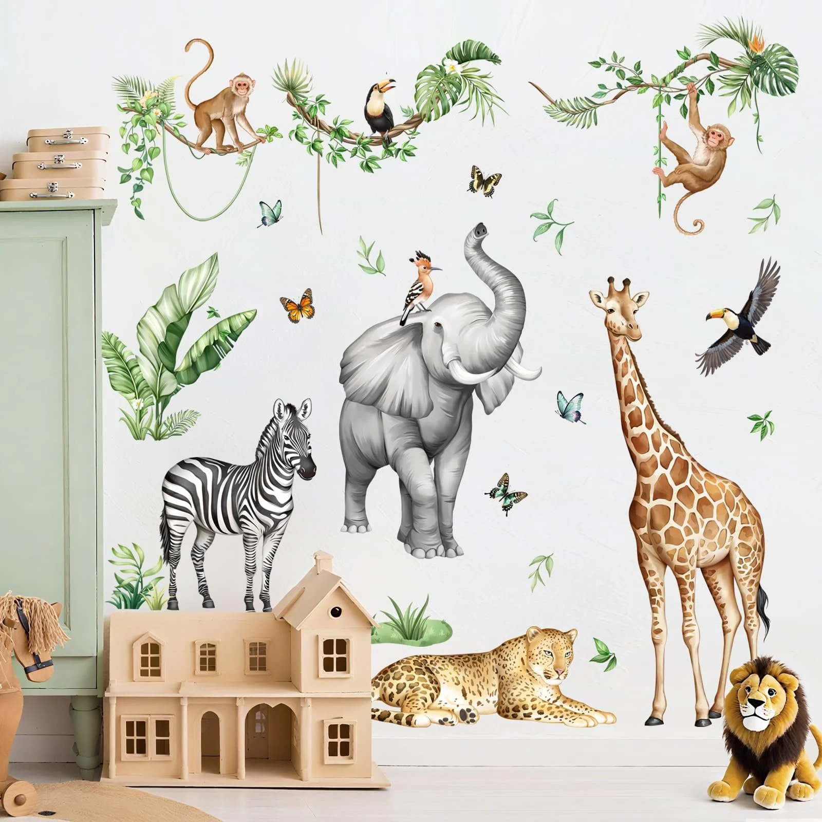 Наклейка на стіну Supzone Jungle Safari Animals Tree XXL Giraffe Elephant 140 x 120 см, фото №7