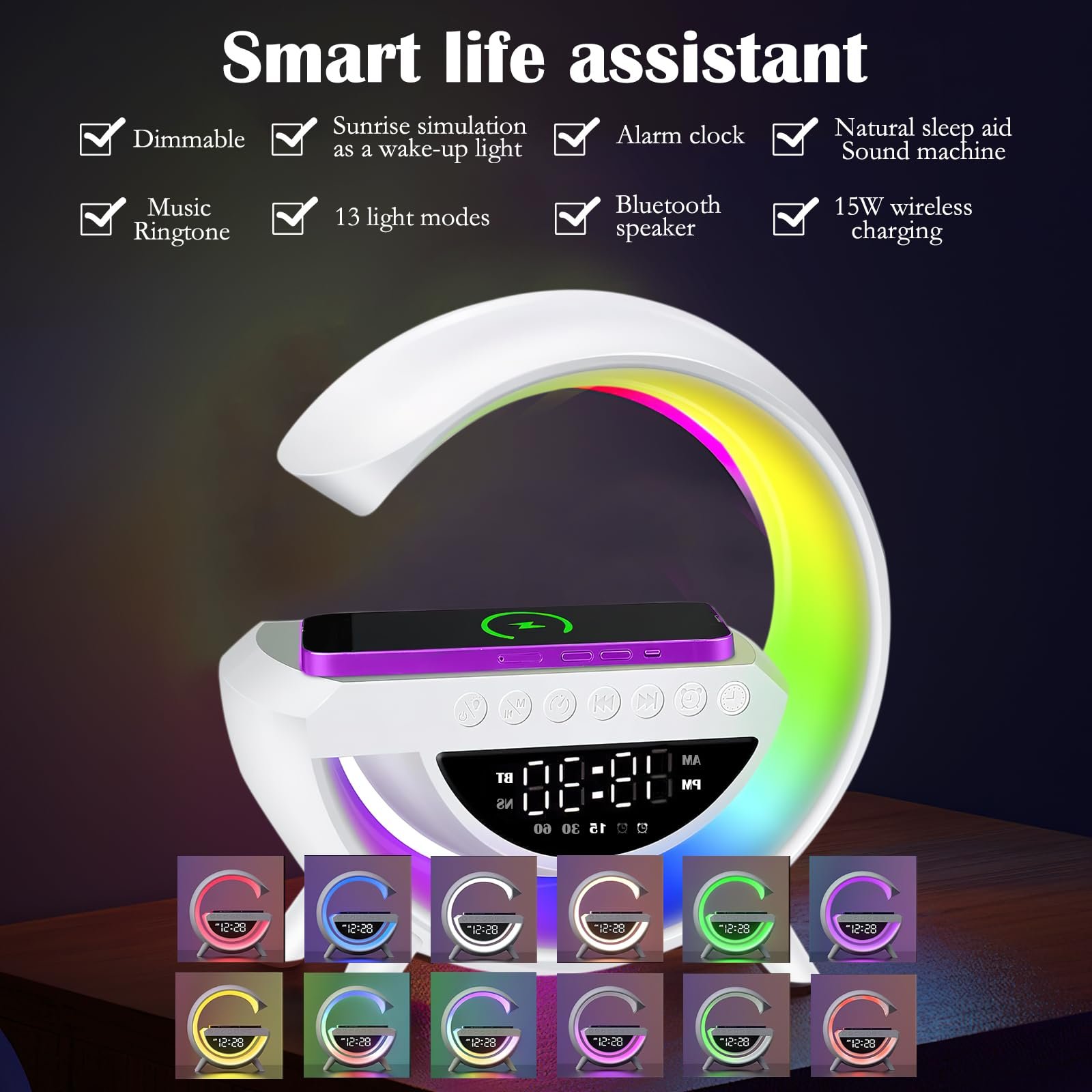 Настільна лампа LED Bedside Lamp Intelligent Light Alarm Clock 15 Вт RGB Bluetooth White, фото №2