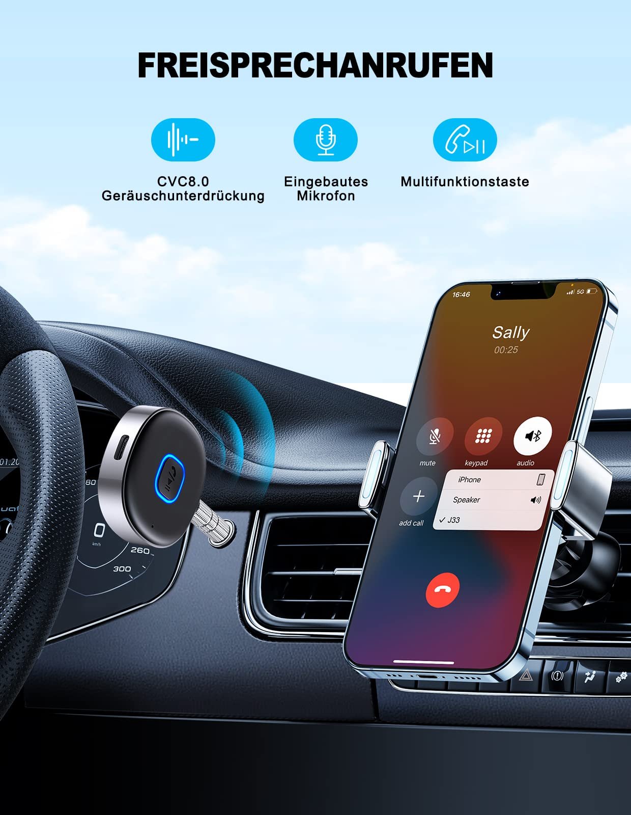 AUX Bluetooth адаптер Mohard для автомобиля, беспроводной Bluetooth 5.3 приемник для домашней стереосистемы/проводных наушников, Bluetooth адаптер AUX 3.5 мм, автомобильный эквалайзер, двойное подключение, 16 часов воспроизведения, фото №4