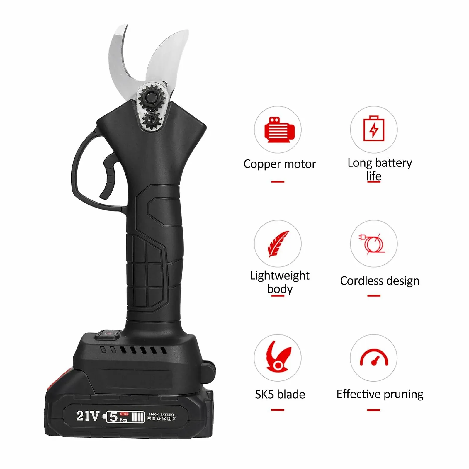 Портативний електричний секатор 21V з сумкою для перенесення, акумуляторна літієва батарея 2000mAh та зарядний пристрій, електричний сучкоріз, секатор, максимальний діаметр різання 30мм, фото №4