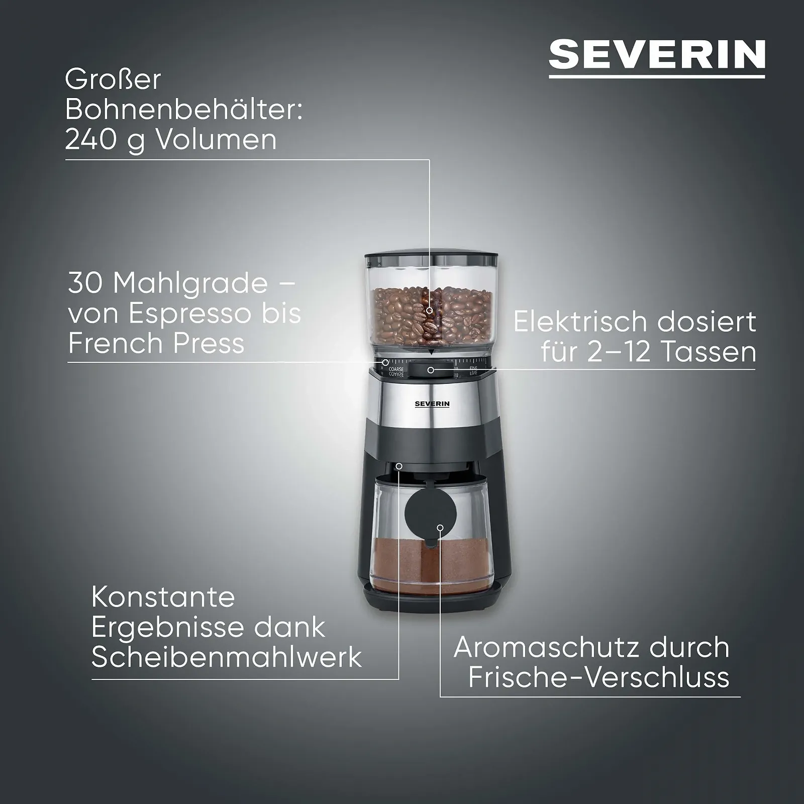 Кавомолка SEVERIN KM 3880 Електрична, Жорна, Регульоване дозування кількості, Рівень помелу регулюється на 30 рівнях, Знімний контейнер для зерен, 140 Вт, Нержавіюча сталь, фото №2 Кавомолка SEVERIN KM 3880 Електрична, Жорна, Регульоване дозування кількості, Рівень помелу регулюється на 30 рівнях, Знімний контейнер для зерен, 140 Вт, Нержавіюча сталь, фото №2