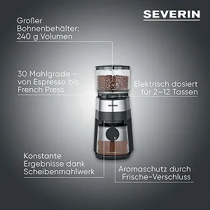 Кофемолка SEVERIN KM 3880 Электрическая, Жерновая, Регулируемая дозировка количества, Степень помола регулируется на 30 уровнях, Съемный контейнер для зерен, 140 Вт, Нержавеющая сталь synthetic.ua - Фото 1